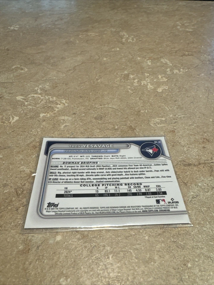 Trey Yesavage Signed 1 St Bowman Chrome Toronto Bluejays World Series - Image 2 of 2