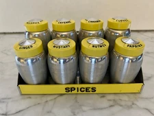 Vtg Kromex Yellow Aluminum Wall Mount Spice Jar Set of 8 Canisters Rare Mid-Cent