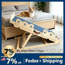45" Adjustable Pine Wood Dog Ramp for Bed, Foldable Pet Steps, Anti-Slip Mat