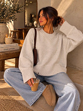 LOFT Women's Beige Solid Knit Crew Neck Pullover Sweater Ribbed Side Slit M