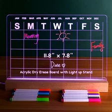 11.8x7.8 Acrylic Dry Erase Calendar, Light, 12 Markers, LED, Glowing, Desk