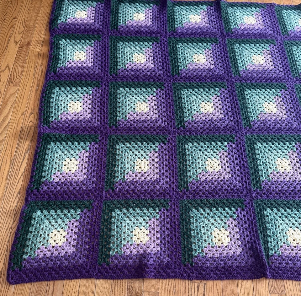 Vtg “Roseanne” Crochet Granny Square  Purples Greens Afghan Throw Blanket 70x82 - Image 4 of 4