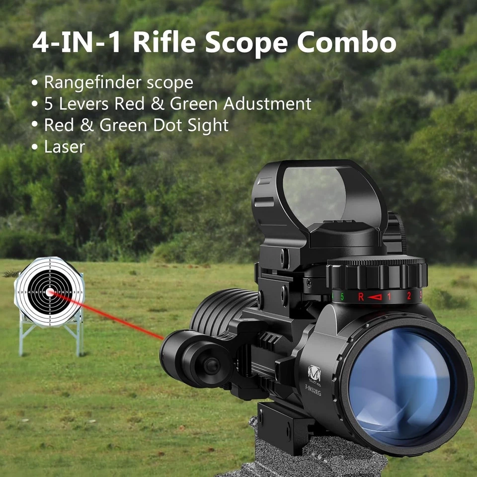 Combo de mira telescópica MidTen 3-9x32 con óptica iluminada doble, punto rojo/verde y mira láser Foto 3 de 4