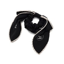 CHANEL Black CC Logo Silk Ribbon Hair Scrunchie Hairband Headband 152318737