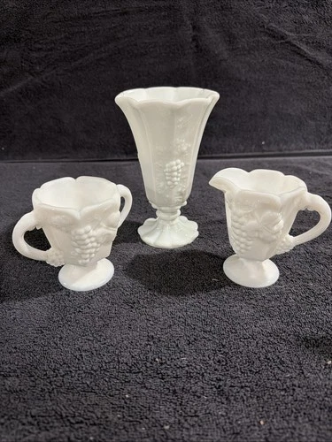Vtg. Milk Glass Creamer & Sugar W/ Embossed Grape & Leaf Pedestal Bases And Vase