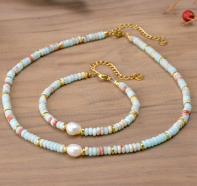 Charmant 2x4mm Sushan Jade Kugel Halskette Armband 18in + 7.5in