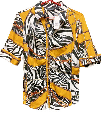NY&C 7th Ave Design Women Medium Button Down Zebra Blouse Black White Yellow 