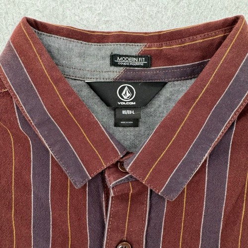 Volcom Shirt Mens Large Modern Fit Button Up Striped Red Long Sleeve Cotton NWT - Picture 5 of 6