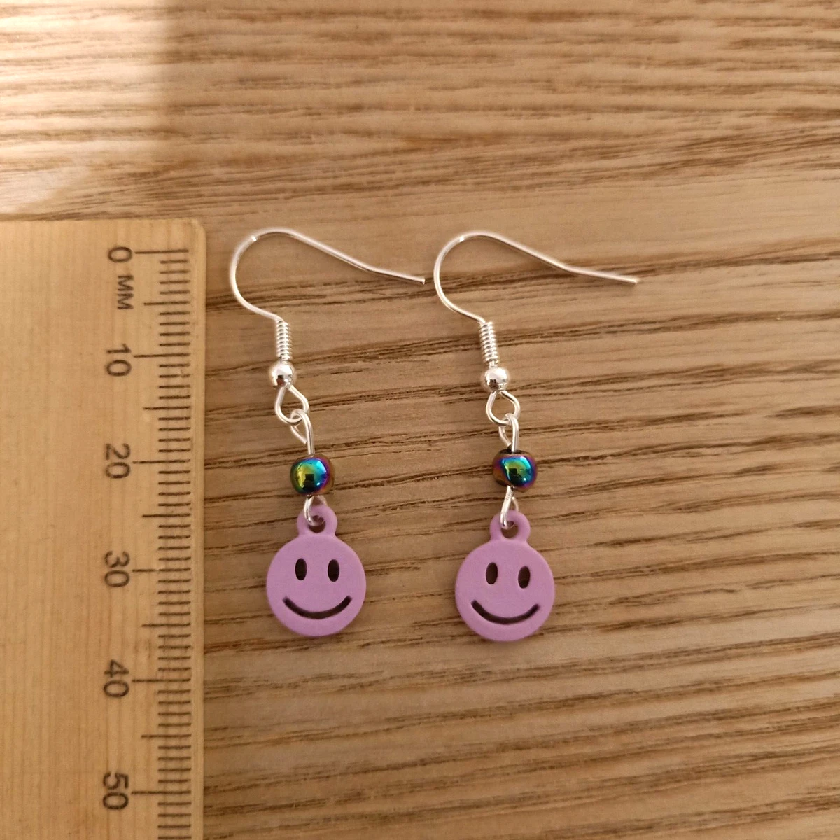 Fun Smiley Face Earrings Dangle Hooks Purple Round Enamel AUS Free
