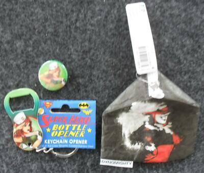 DC Comics Merchandise Set - Mighty Stash Bag, Button, Bottle Opener 