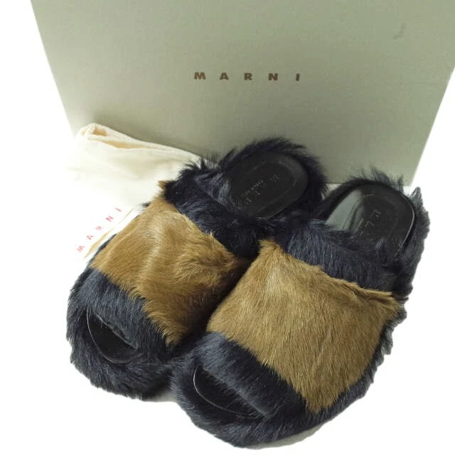 MARNI 18AW Italy wedge sole fur sandals 37 24cm DK.NAVY KHAKI