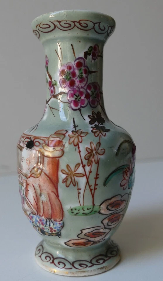 Vase ancien Porcelaine BAYEUX PARIS ? céladon personnage chinois  style Canton - Photo 4/4