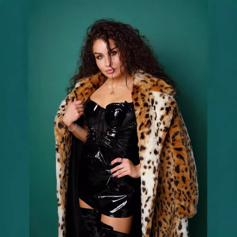 Abrigo largo de invierno para mujer con estampado de leopardo trinchera cortavientos ropa exterior piel sintética nuevo Foto 4 de 4