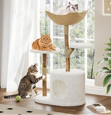 Belect Modern Natural Wood Cat Tree Stylish Feline Tower Large Rattan Basket