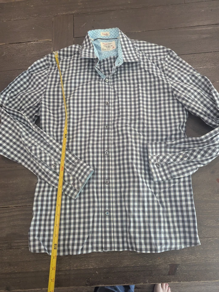 Camisa 7 Diamantes Para Hombre M Azul Marino Blanco Guinga Cuadros Manga Larga Botón Algodón Foto 3 de 4