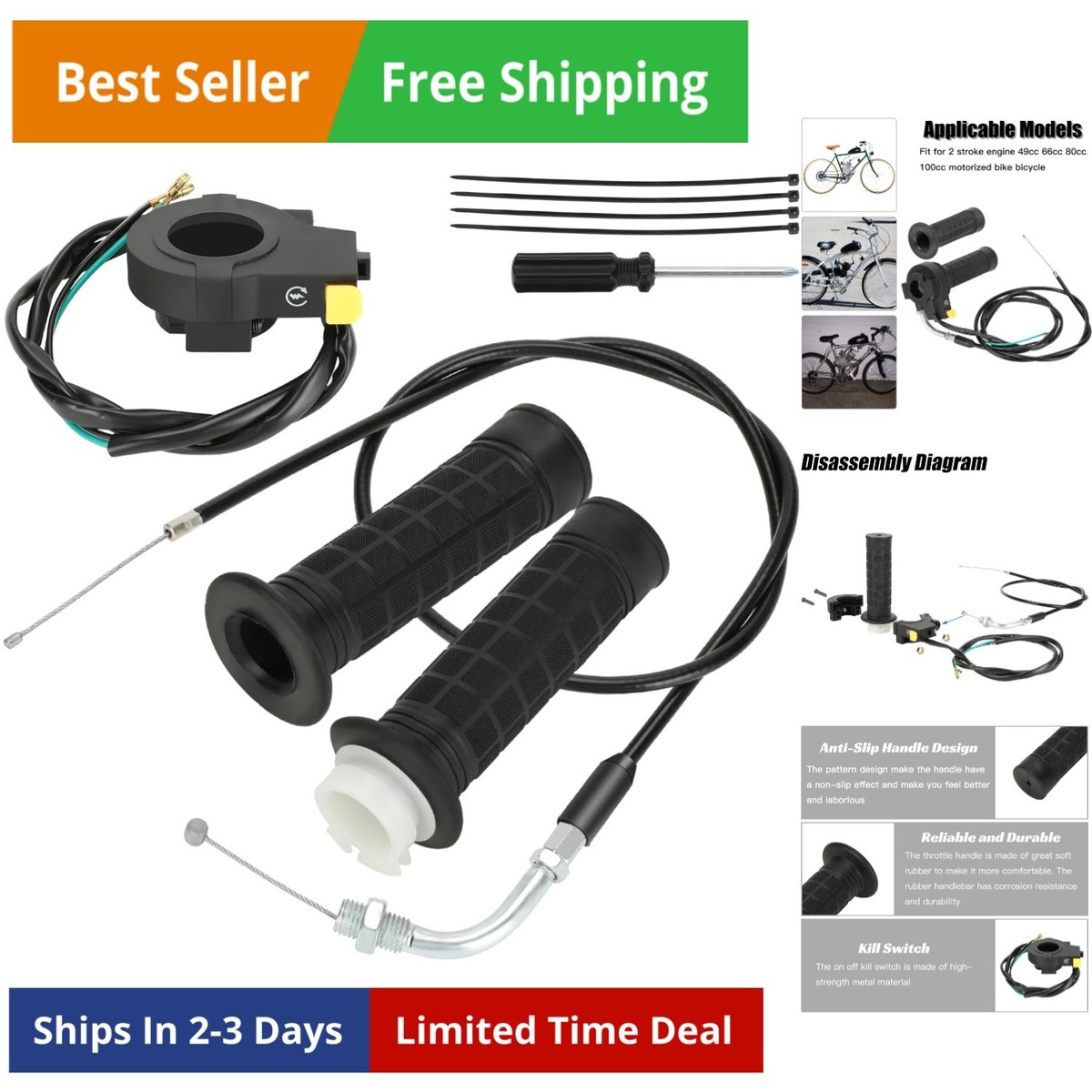 Throttle Cable Twist Throttle Handle Grip Assembly for 2 Stroke
