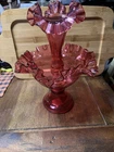 Fenton Cranberry Crimped Ruffled Edges Single Horn Epergne Vase, Trumpet Horn 9”