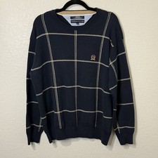 Y2K Tommy Hilfiger Men Sweater XL Navy Windowpane Cotton Preppy Heritage Vintage