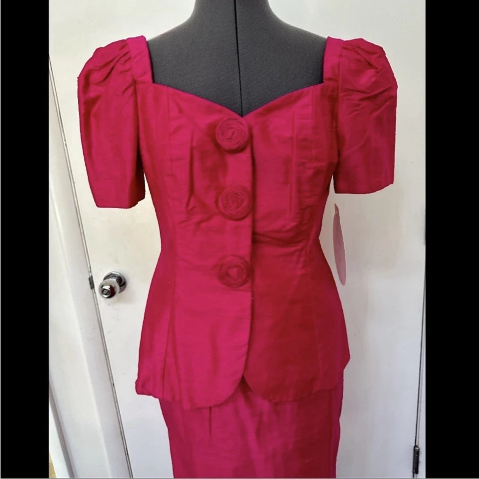 VESTIDO FORMAL VINTAGE AÑOS 90 WATTERS & WATTERS SEDA SHANTUNG DOS PIEZAS FUCSIA 8 Foto 3 de 4