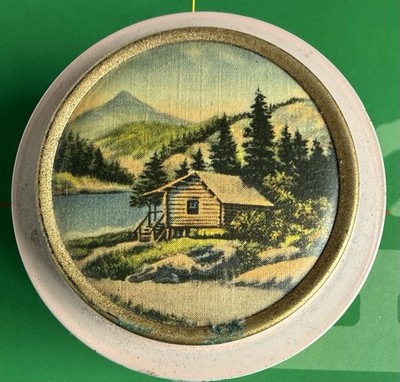VTG Log Cabin By Lake In Mountains  Scene Tin Box w/ Lid  For Household Trinkets