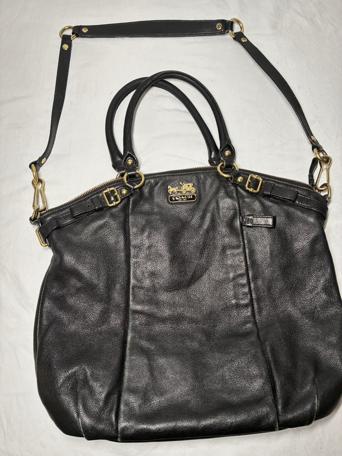 Coach Madison Maggie Satchel 18632 Black Pebbled Leather Purple Lining Shoulder