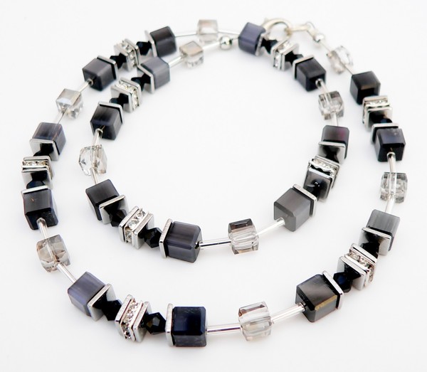 Halskette Collier WüRfel Cat Eye Kristallglas Grau Schwarz Strass 542E-image