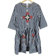 Stevie Hender Dress Womens M White Gray Striped Cotton Embroidered Cottagecore