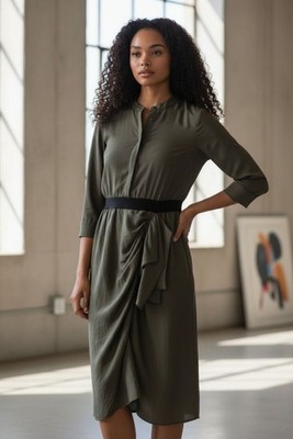 BCBGMAXAZRIA Olive Green Midi Dress with Black Waist M