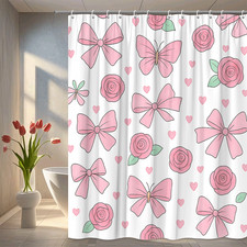 Pink Floral Shower Curtain with Bows and Hearts - Cute Bathroom Decor