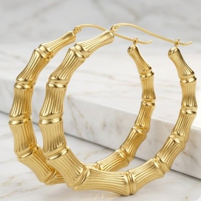 3'' Large Graduated Round Bamboo Hoop Earrings 14K Yellow Gold Plated Silver