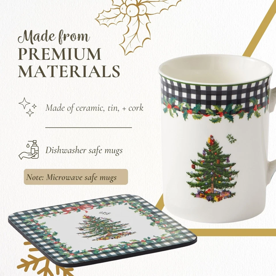 Christmas Tree 5-Piece Mug & Tin Set – Fine China Mugs & Cork Coasters, Holid... - Image 4 of 4