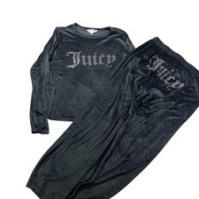 Juicy Couture Pajama Set Womens L Black Velour Juicy Logo Rhinestone Pants Y2K