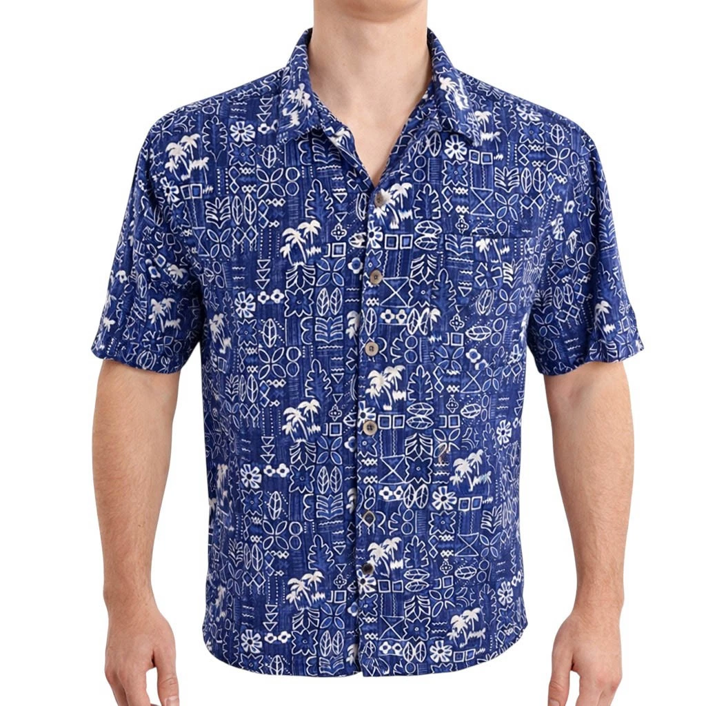 Ocean Pacific Sport Hawaiian Shirt Medium Tribal Palm Trees Flowers Blue