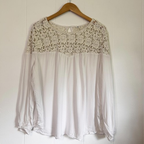 Old Navy White Floral Embroidered Crochet Boho Long Sleeve Blouse Top Womens XXL