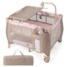 Portable Baby Playard Nursery Center Crib Bassinet w/ Hanging Toys  Music Pink