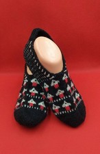 Handmade Wool Slipper Socks Black Red White Pattern Low-Cut Cozy Knit Size 7