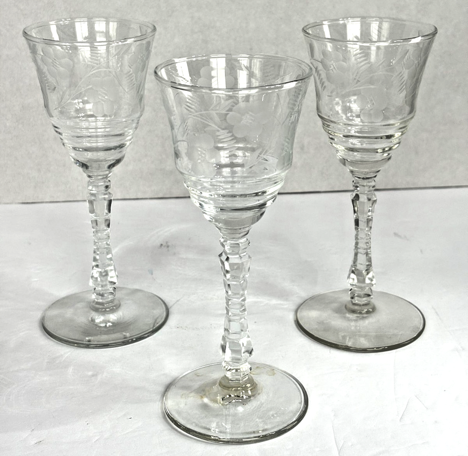3 Pc. Vtg Libbey Rock Sharpe Halifax Cordial Aperitif Goblet Floral ...