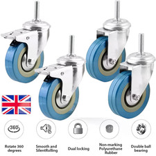 4x M10 Heavy Duty 75/100mm Rubber Swivel Castor Wheels Trolley Furniture Caster