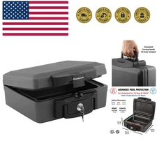 Fireproof and Waterproof Safe, Black Portable Lock Box with Key Lock and Carr...