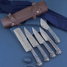 Custom Damascus Chef Knife Set with Engraving & Pakka Wood Handle with Sheath