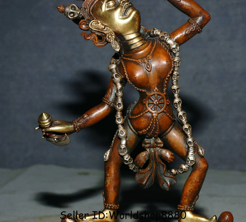 Antigua estatua de Buda Padmapani Lokeshvara Tara dorada cobre rojo tibetano de 10,8" Foto 3 de 4