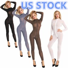 Women's Sheer Long Sleeves Jumpsuit Double Zipper Full Bodysuit Teddy Catsuit