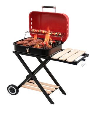 Mobiler Holzkohlegrill klappbar BBQ Grillwagen mit Deckel Ablagen Camping Grill