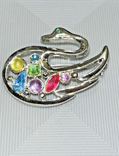 Vintage Silver-tone Swan Brooch Pin Multicolor Rhinestones 1.5"