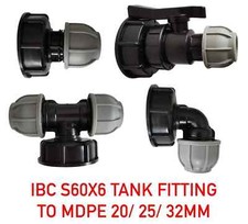 IBC Water Tank Hose Connector - S60X6 Adapter to 20/25/32mm Blue MDPE Water Pipe