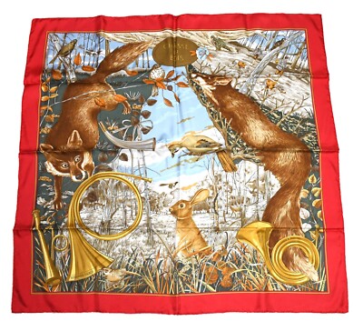 Hermes Scarf Chasse au Bois 90 cm silk red Carre fox animal hunter