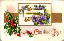 Lot of 2 Antique Embossed Christmas Postcards Holly Gold Birds Gilt Letters