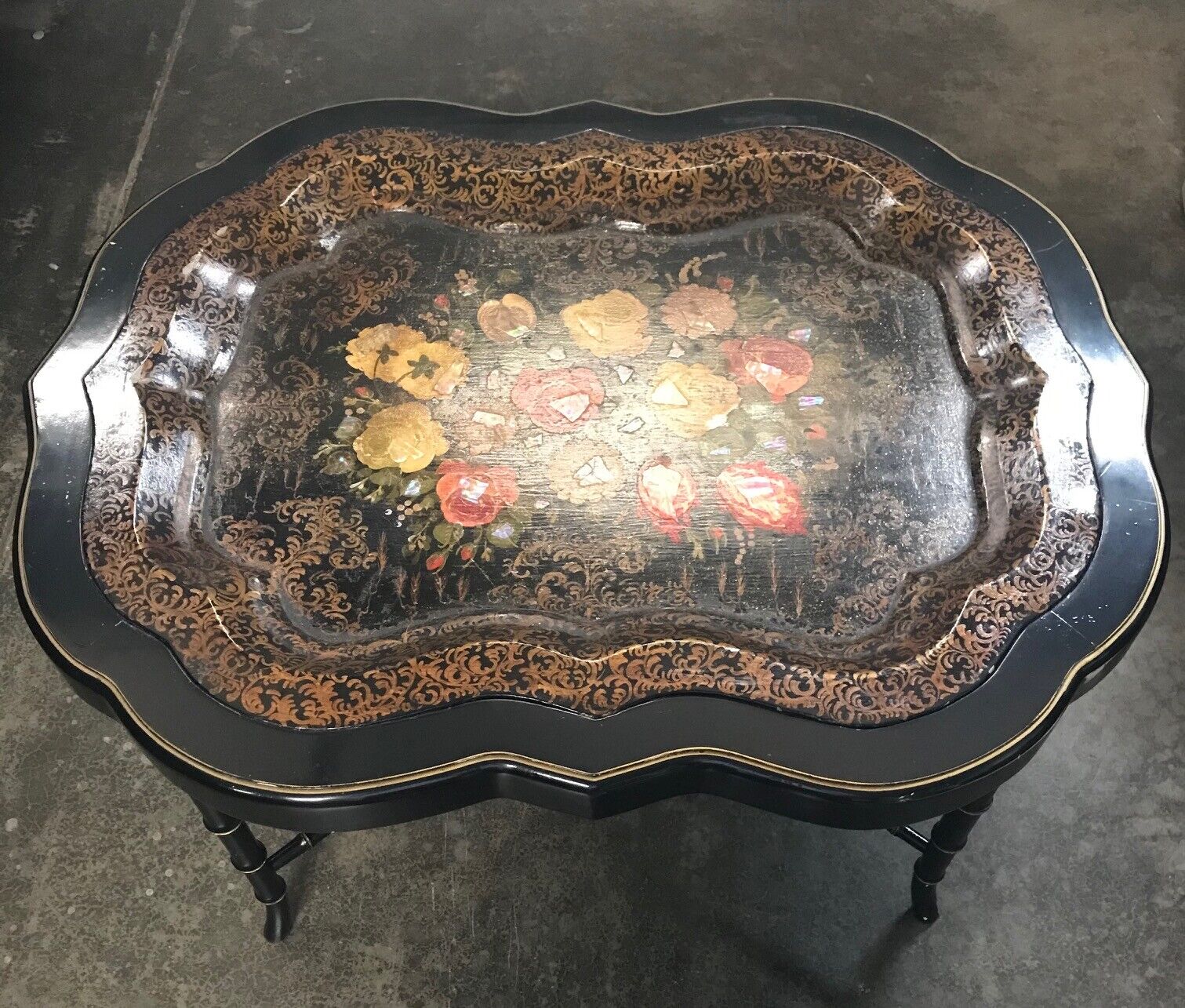 ANTIQUE (NAPOLEON III) TRAY TABLE WITH MOTHER OF PEARL INLAY