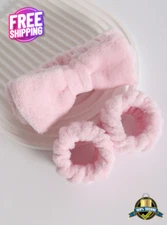 1pc Cute Bowknot Plush Facial Headband & Wristband Set for Skincare & Yoga