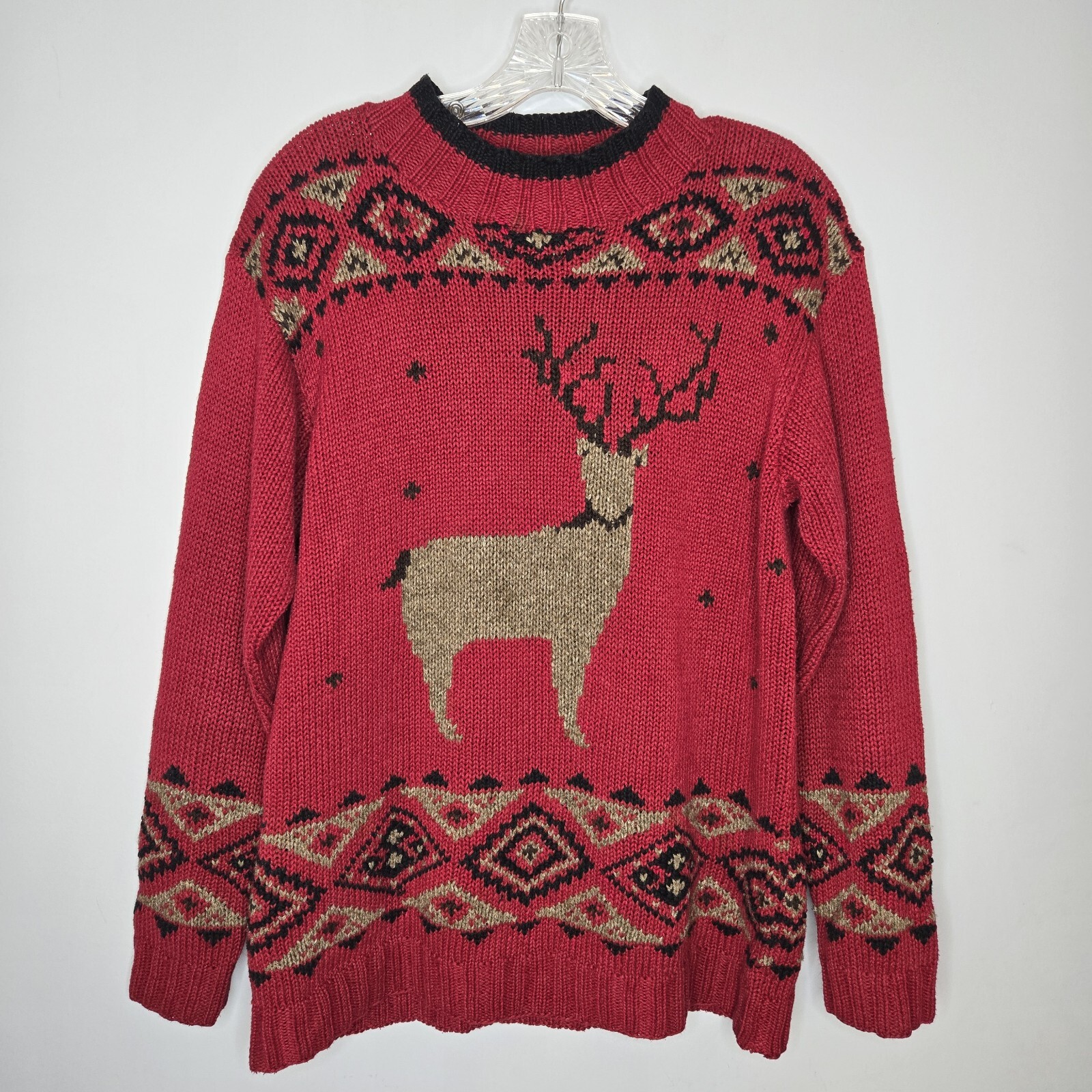 VTG Eddie Bauer Reindeer Christmas Sweater Fair Isle Hand Knit Holiday Small
